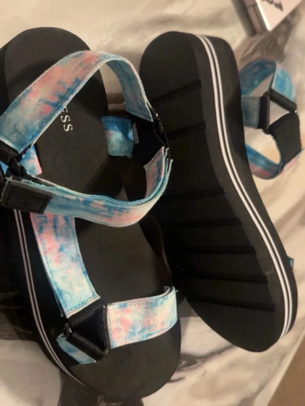 GUESS Blue & Pink Tie-Dye Strap Platform Sandals